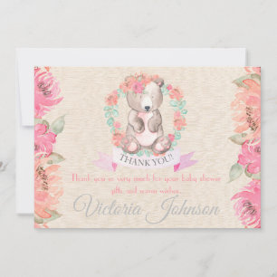 Girls Watercolor Floral Baby Bear Baby Dusche Dankeskarte