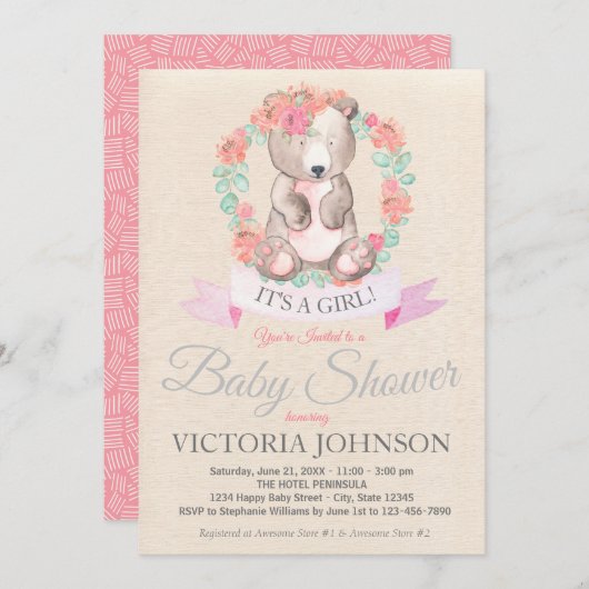 Girls Watercolor Floral Baby Bear Baby Dusche Einladung (Vorne/Hinten)