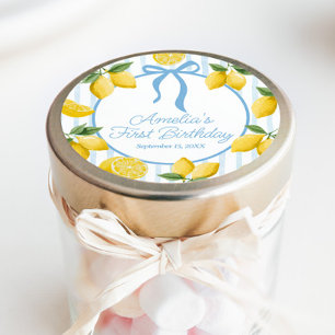 Girls Whimsical Blue Bow Lemon Amalfi Geburtstag Runder Aufkleber
