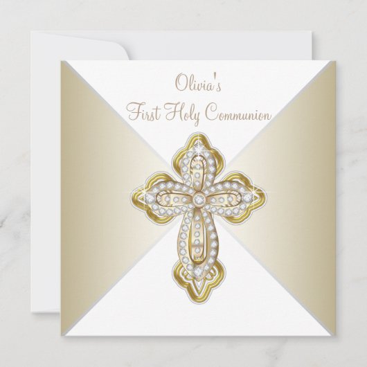 Girls White and Gold Erstkommunion Einladung (Vorderseite)