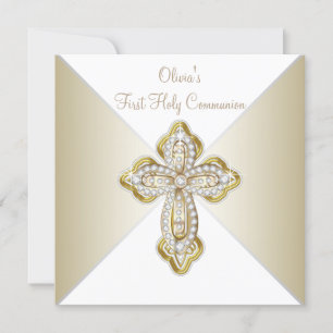 Girls White and Gold Erstkommunion Einladung