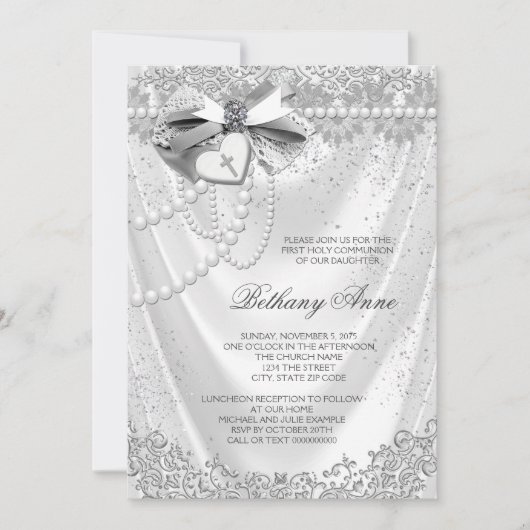 Girls White Satin Erste Kommune Einladung (Vorderseite)