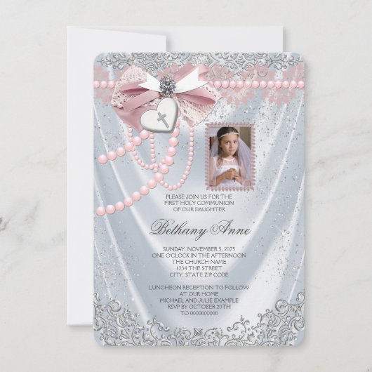 Girls White Satin Foto Erste Kommune Einladung (Vorderseite)