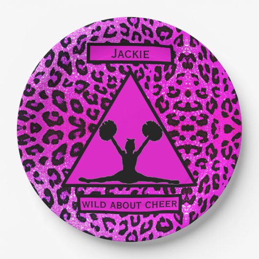 Girls "Wild About Cheer" Pink Leopard Pappteller (Vorderseite)