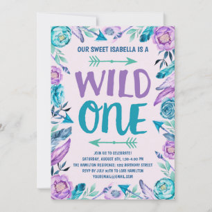 Girls Wild One Watercolor Boho 1. Geburtstag Party Einladung