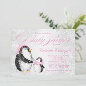 Girls Winter Baby Pengiun Kinderdusche Einladung (Stehend Vorderseite)