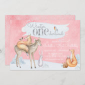 Girls Winter ONEderland Woodland Erster Geburtstag Einladung (Vorne/Hinten)