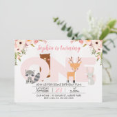 Girls Woodland Animals 1. Geburtstag Einladung (Stehend Vorderseite)