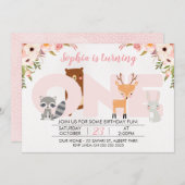Girls Woodland Animals 1. Geburtstag Einladung (Vorne/Hinten)