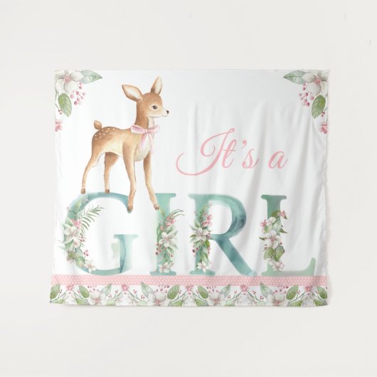 Girls Woodland Deer Baby Dusche Hintergrund Banner Wandteppich (Vorderseite (Horizontal))