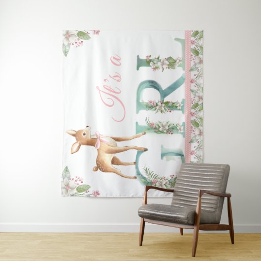 Girls Woodland Deer Baby Dusche Hintergrund Banner Wandteppich (Beispiel)