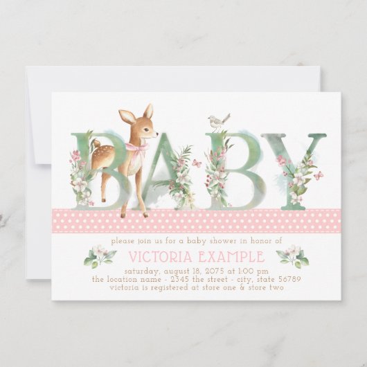 Girls Woodland Deer Baby Shower Einladungen (Vorderseite)