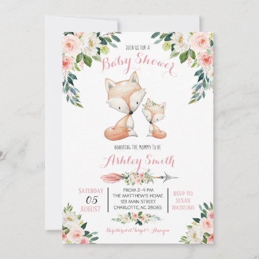 Girls Woodland fox Kinderdusche Einladungen (Vorderseite)