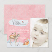 Girls Woodland Winter ONEderland Foto Geburtstag Einladung (Vorne/Hinten)