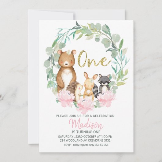 Girls Woodland Wreath Erster Geburtstag Einladung (Vorderseite)