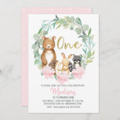 Girls Woodland Wreath Erster Geburtstag Einladung (Vorne/Hinten)