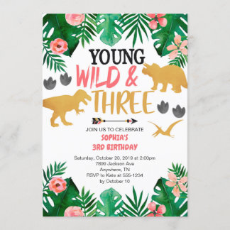 Girl's Young Wild & Three Dinosaurier 3. Geburtsta Einladung