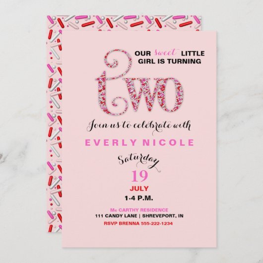 Girl's zweites Geburtstag Rosa Sprinkles Einladung (Vorne/Hinten)
