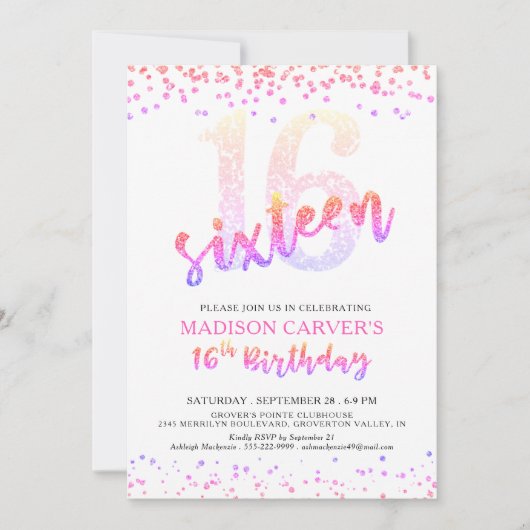 Girly 16. Geburtstag Pink Lila Glitzer Confetti Einladung (Vorderseite)