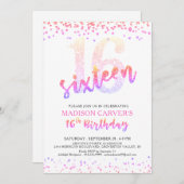 Girly 16. Geburtstag Pink Lila Glitzer Confetti Einladung (Vorne/Hinten)