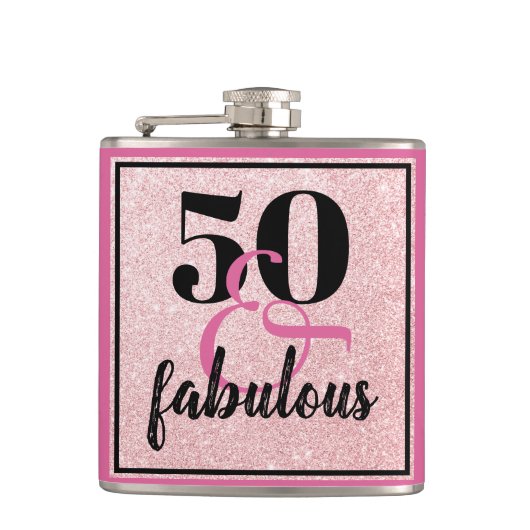 Girly 50 & Fabulous Birthday Pink Glitzer Flachmann (Vorderseite)