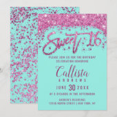 Girly Aqua Aquamarin Hellrosa Glitzer Staubmilch 1 Einladung (Vorne/Hinten)