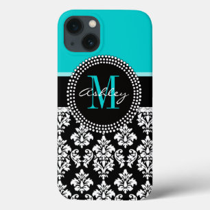 Girly Aqua Black Damask Ihr Monogrammname Case-Mate iPhone Hülle
