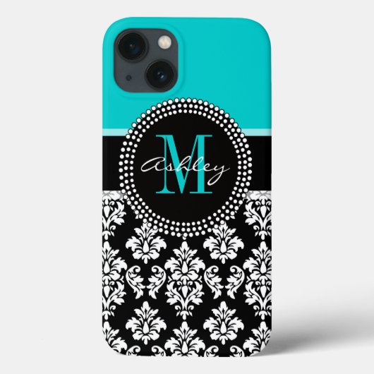 Girly Aqua Black Damask Ihr Monogrammname Case-Mate iPhone Hülle (Rückseite)