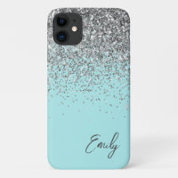 Girly Aqua Blau Silber Glitter Monogramm