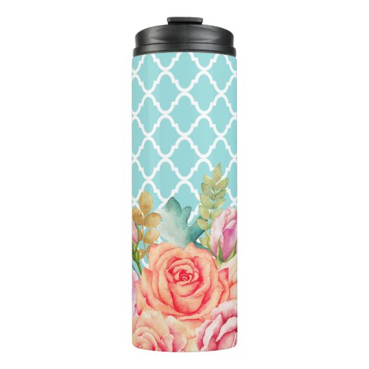 Girly Aqua blaue Quatrefoil Pfirsich-Rose mit Thermosbecher (Vorderseite)