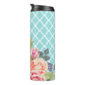 Girly Aqua blaue Quatrefoil Pfirsich-Rose mit Thermosbecher (Nach rechts gedreht)