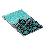 Girly Aqua-blauer Glitzer-Monogramm-Damast-Name Notizblock (Rechte Seite)