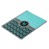 Girly Aqua-blauer Glitzer-Monogramm-Damast-Name Notizblock (Linke Seite)
