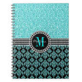 Girly Aqua-blauer Glitzer-Monogramm-Damast-Name Notizblock (Vorderseite)