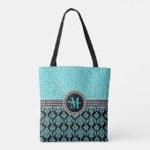 Girly Aqua-blauer Glitzer-Monogramm-Damast-Name Tasche (Rückseite)