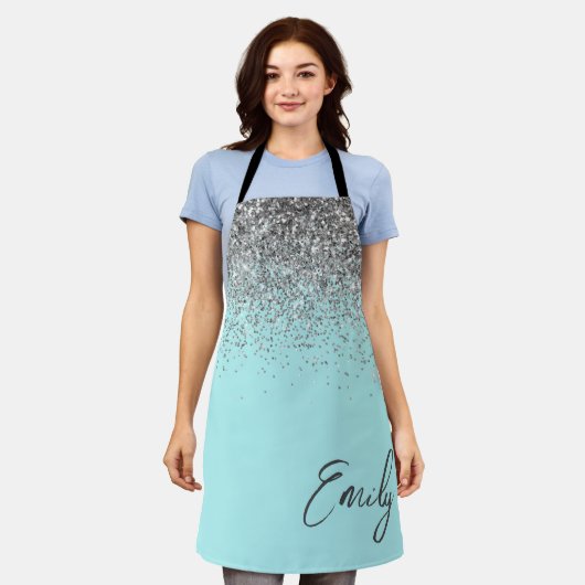 Girly Aqua Blue Aquamarin Glitzer Monogram Schürze (Getragen)