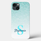Girly Aqua Blue Glitzer Ombre Monogram Case-Mate iPhone Hülle (Rückseite)