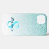 Girly Aqua Blue Glitzer Ombre Monogram Case-Mate iPhone Hülle (Rückseite (Horizontal))