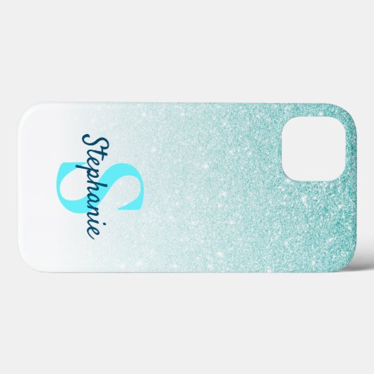 Girly Aqua Blue Glitzer Ombre Monogram Case-Mate iPhone Hülle (Rückseite (Horizontal))