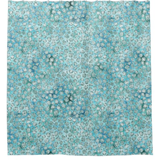 Girly Aqua Blue Glitzy Glam Glitzer Leopard Print Duschvorhang (Vorderseite)