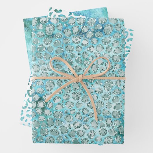 Girly Aqua Blue Glitzy Glam Glitzer Leopard Print Geschenkpapier Set (Beispiel)