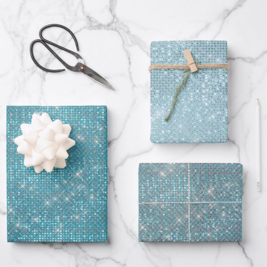 Girly Aqua Blue Glitzy Sparkle Geschenkpapier Set (Vorderseite)