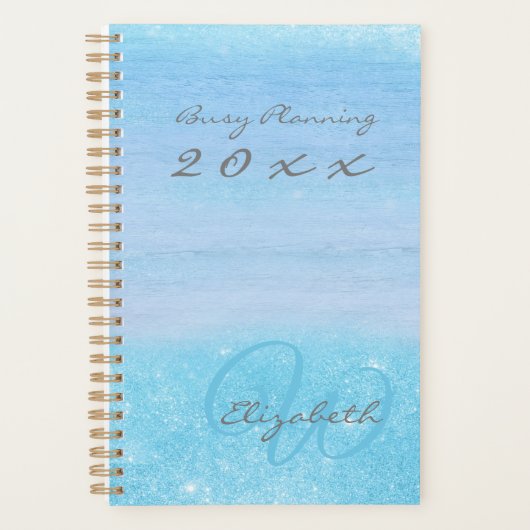 Girly Aqua Blue Ombre mit Monogram Planer (Vorderseite)