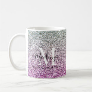 Girly Aqua Blue Pink Ombre Glitzer Monogram Name Kaffeetasse