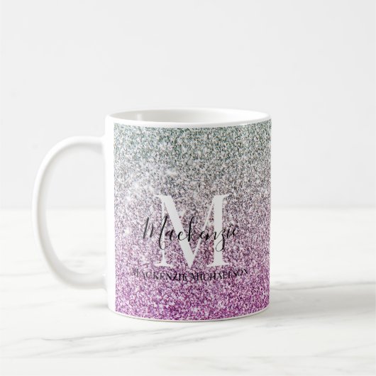 Girly Aqua Blue Pink Ombre Glitzer Monogram Name Kaffeetasse (Links)