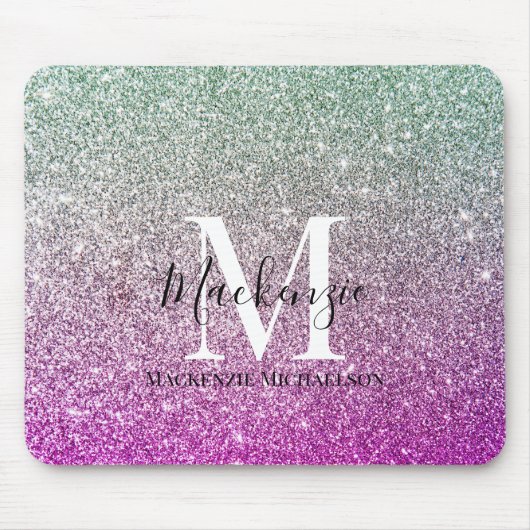 Girly Aqua Blue Pink Ombre Glitzer Monogram Name Mousepad (Vorne)