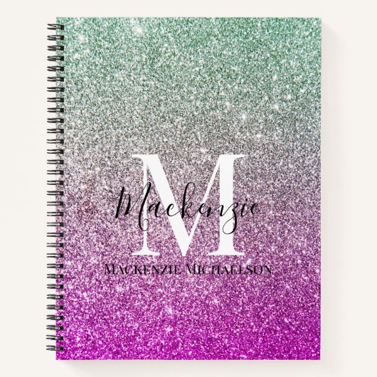 Girly Aqua Blue Pink Ombre Glitzer Monogram Name Notizblock (Vorderseite)