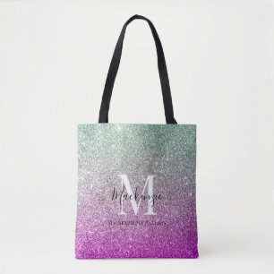 Girly Aqua Blue Pink Ombre Glitzer Monogram Name Tasche