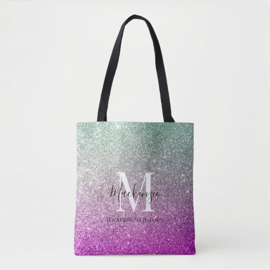 Girly Aqua Blue Pink Ombre Glitzer Monogram Name Tasche (Vorderseite)