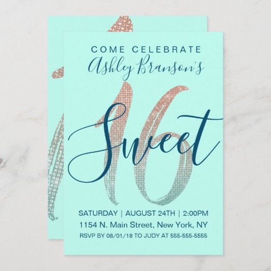 Girly Aqua Blue Rose Gold Sequin Glitzer Sweet 16 Einladung (Vorne/Hinten)